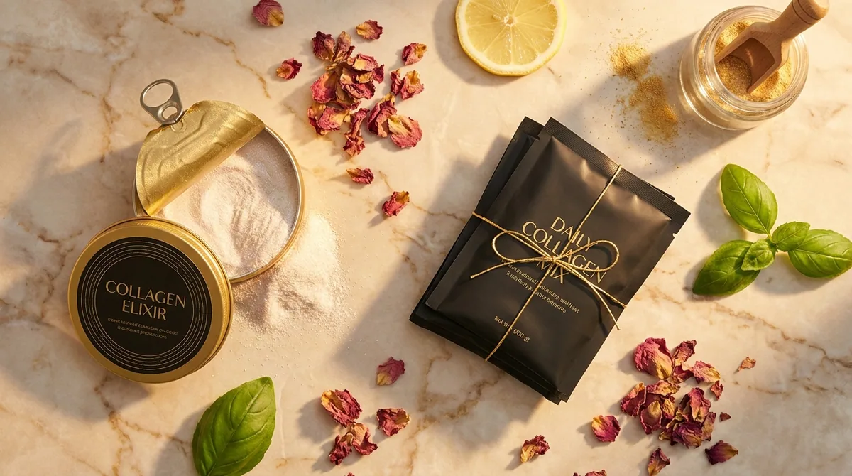 Amado Collagen — Gold tin and Colligi sachets editorial flat-lay