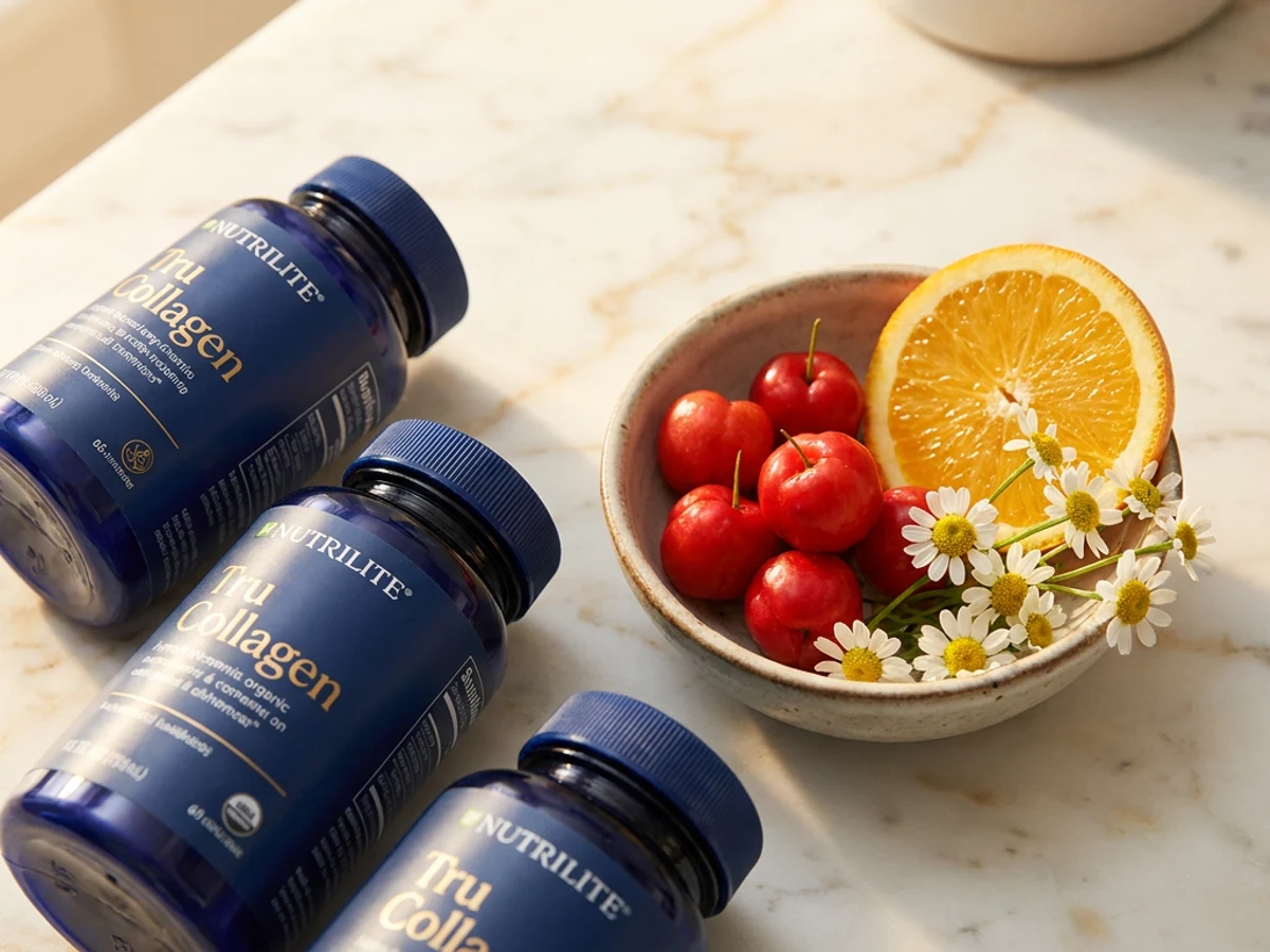 Amway Nutrilite Tru Collagen bottle editorial flat-lay
