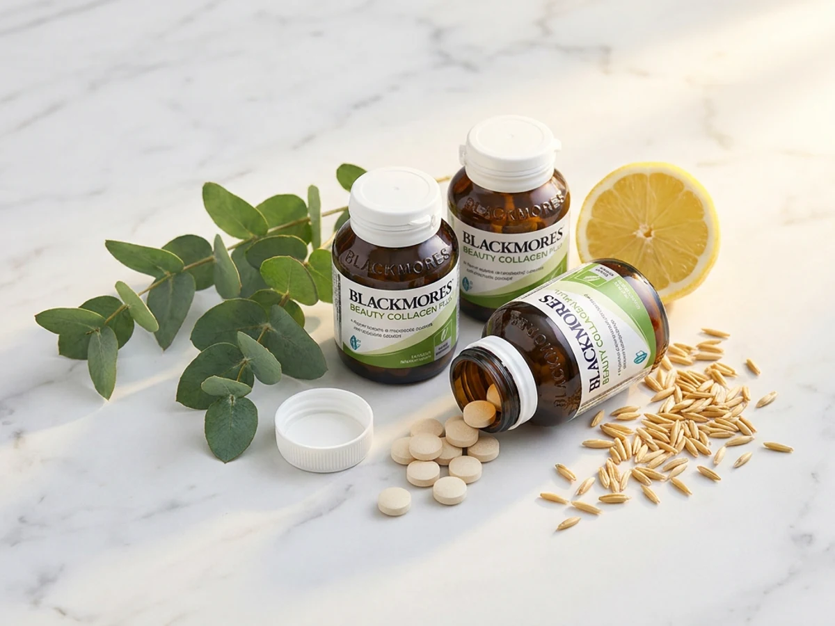 Blackmores Collagen tablet bottle editorial flat-lay