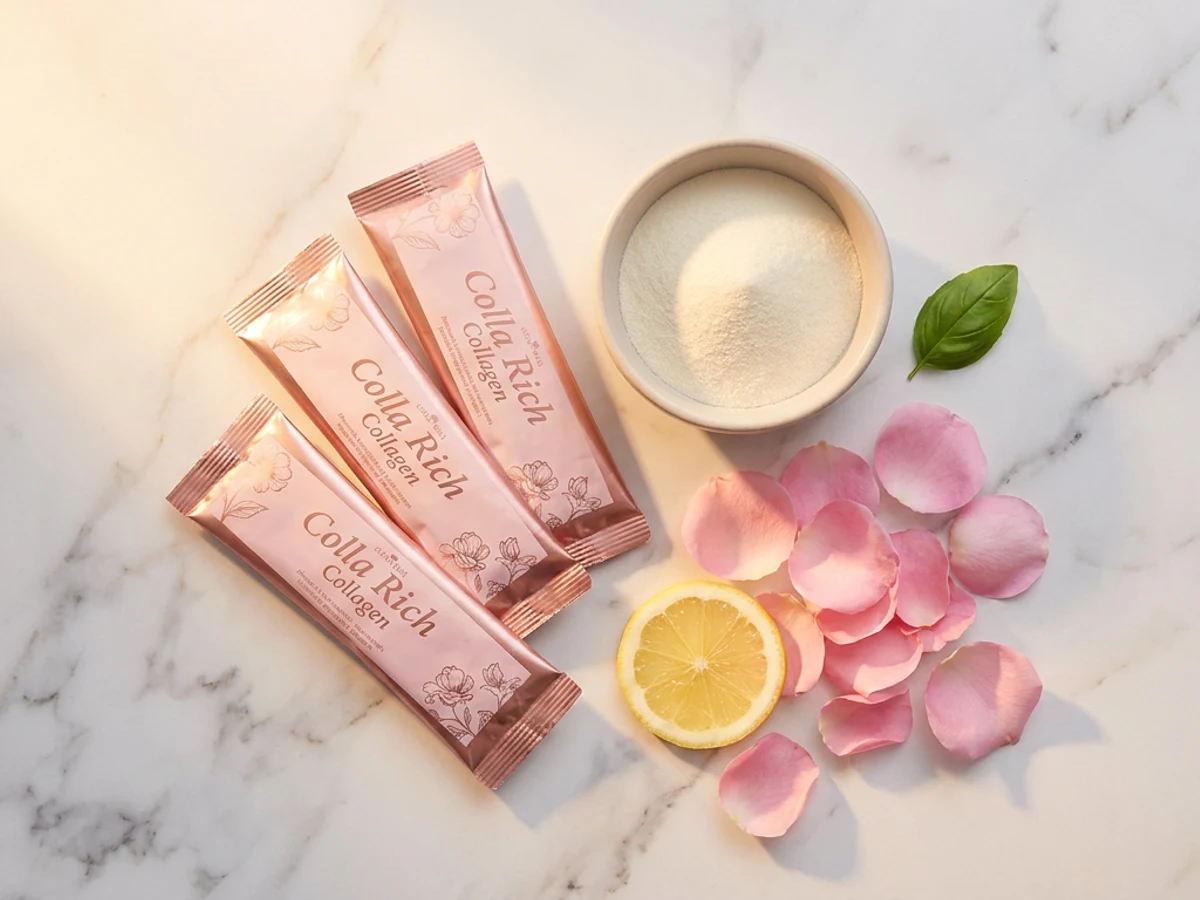 Colla Rich Collagen sachet editorial flat-lay