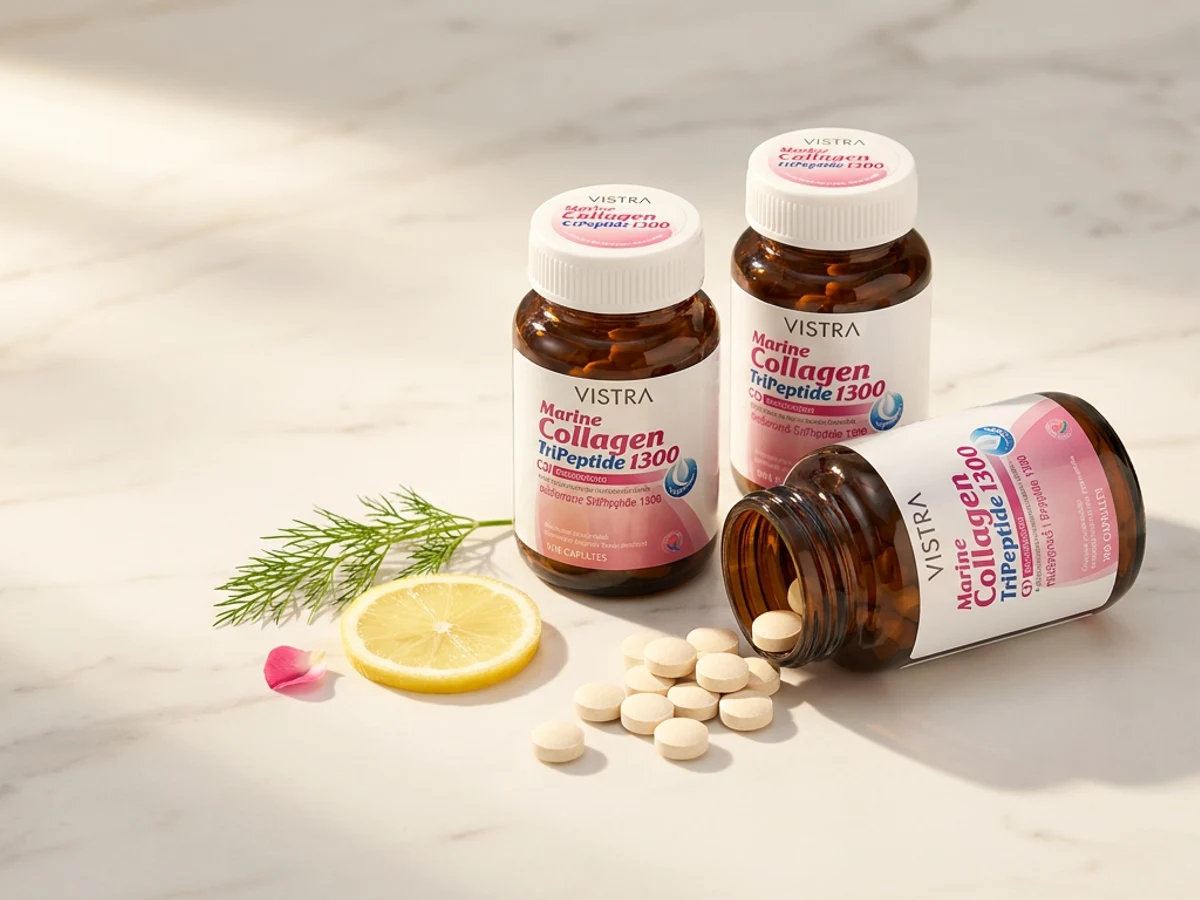 DHC Collagen amber bottle with Japanese label editorial flat-lay
