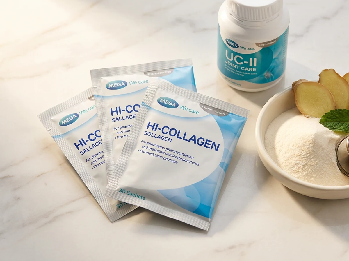Mega We Care Hi-Collagen sachet editorial flat-lay
